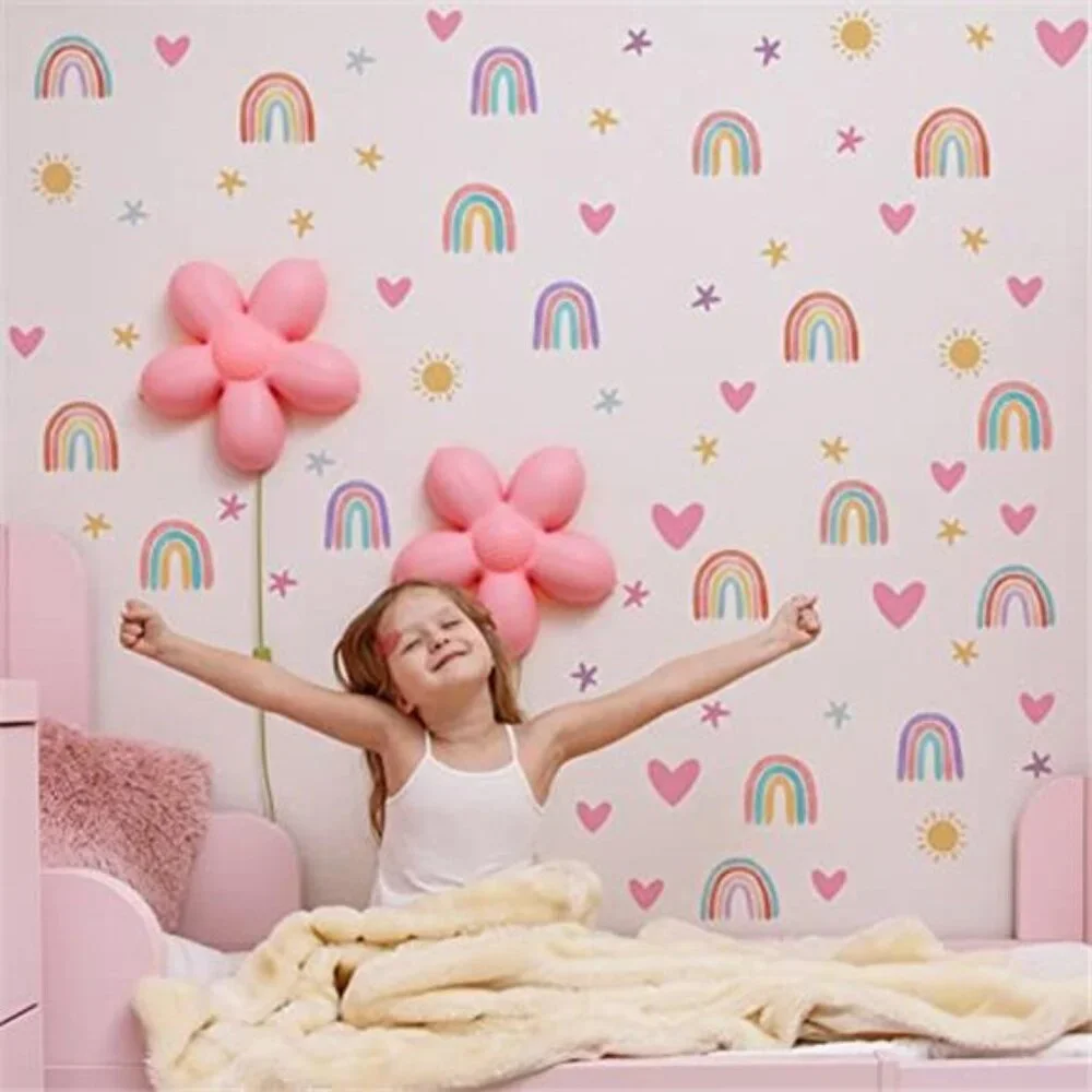 Rainbow Wall Stickers Kids Room Decals Heart Star Sun Vinyl Nursery Bedroom Deco